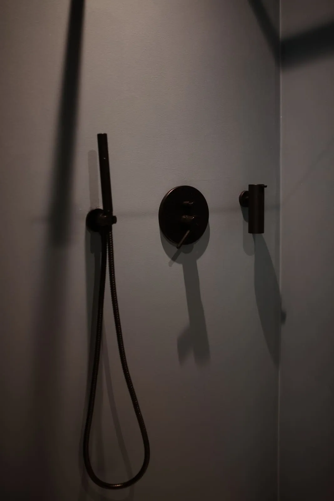 A black shower mixer with a handset on the light wall of the enclosure