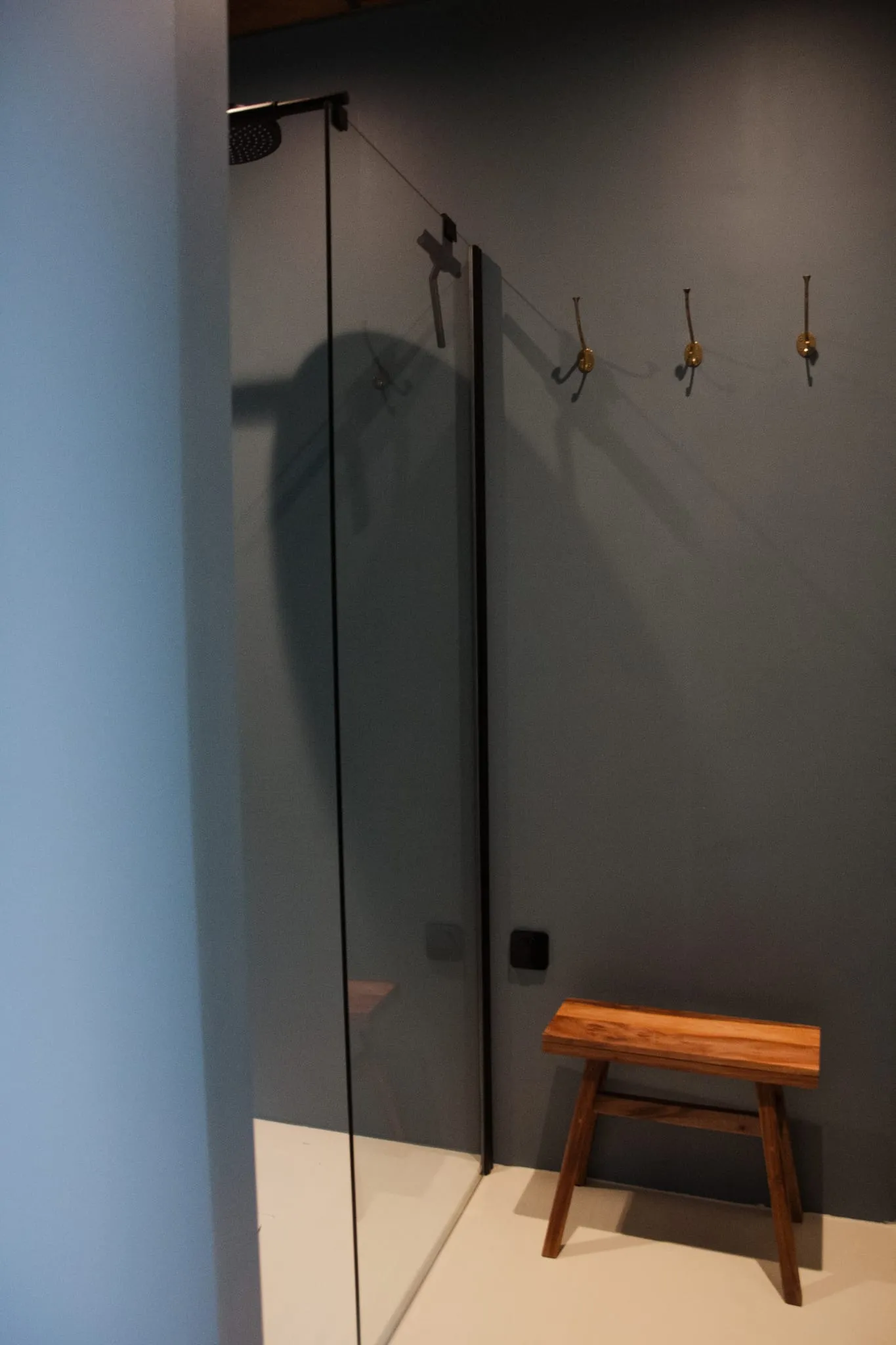 A shower behind a glass panel, brass hooks and a wooden stool in the studio bathroom