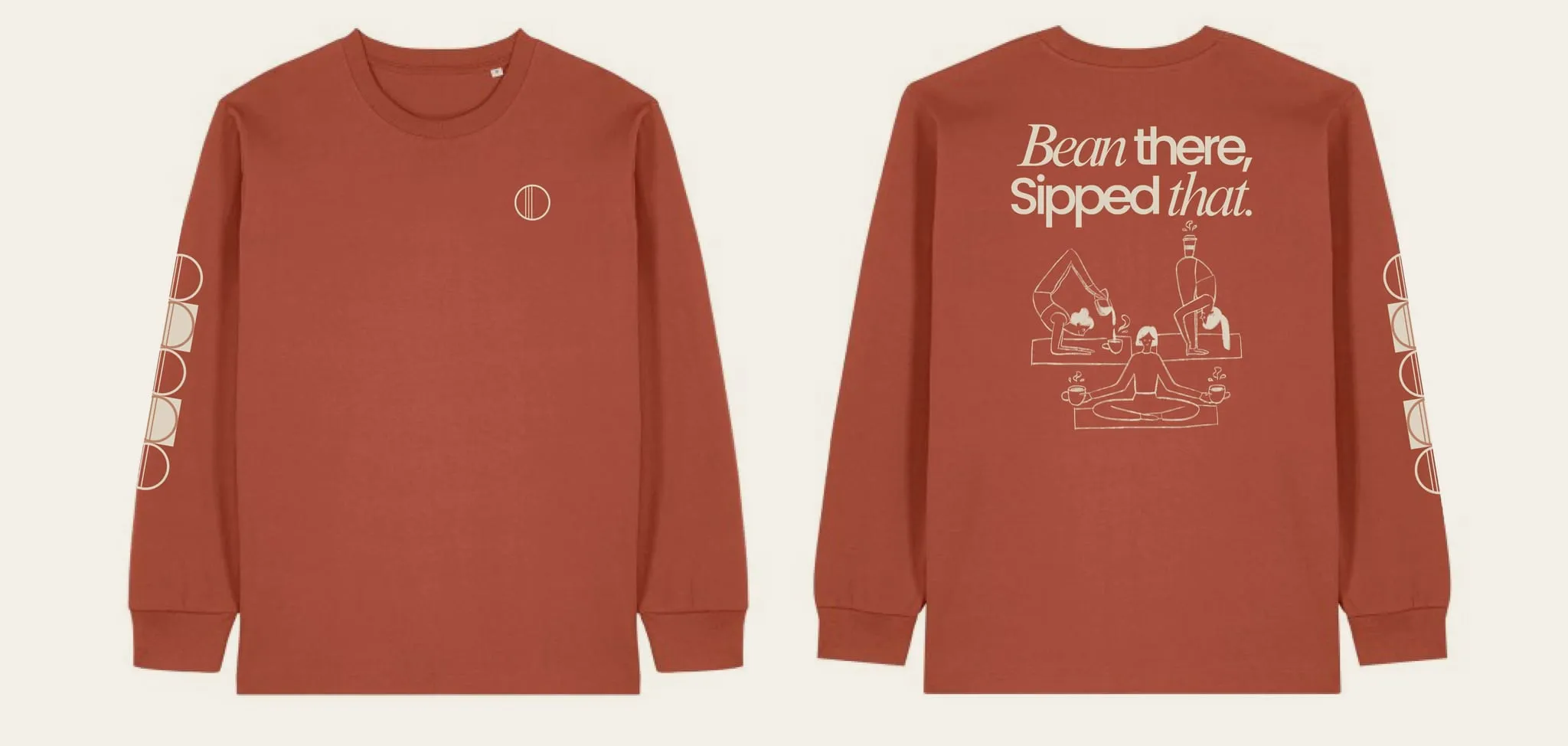 Longsleeve WORK IT w kolorze Heritage Brown — przód z haftem i tył z napisem „Bean there, Sipped that.”
