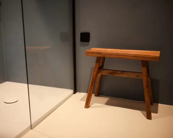 A glass shower enclosure and a wooden stool in the studio's private bathroom