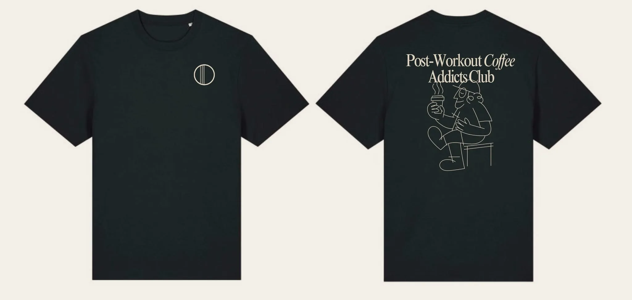 Czarny T-shirt WORK IT — przód z małym haftem i tył z nadrukiem „Post-Workout Coffee Addicts Club”